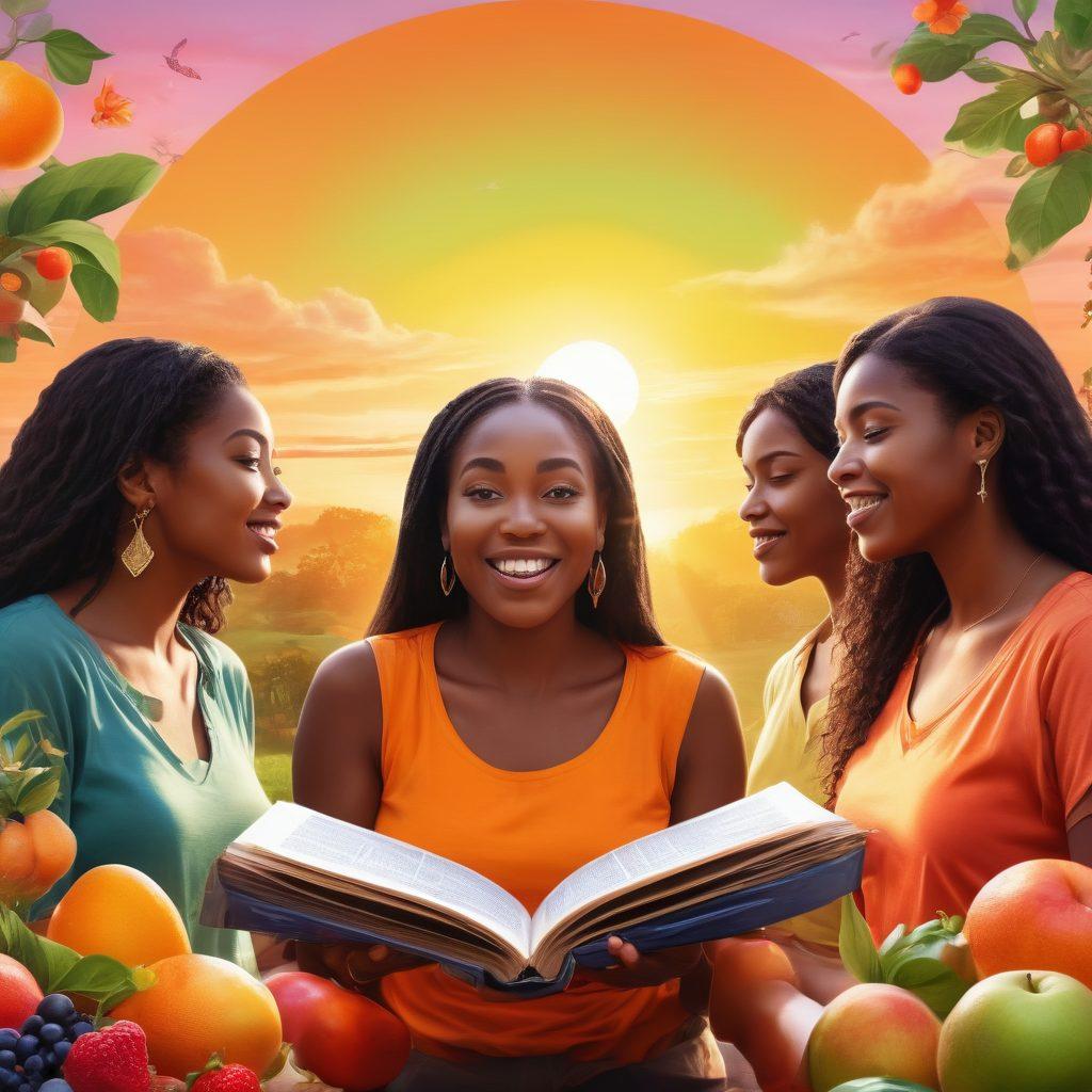 A diverse group of empowered women engaging in a vibrant discussion, surrounded by symbols of health such as fruits, nature, and educational materials. The background features a beautiful sunrise, symbolizing hope and freedom. Incorporate elements that represent informed choices, like charts and open books, blending seamlessly with the natural environment. The overall mood is inspirational and uplifting. colorful illustration. vibrant colors. painterly style.