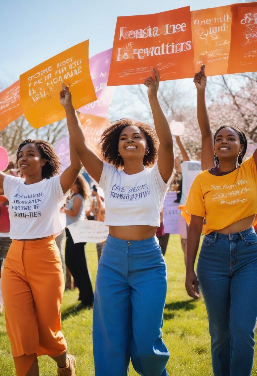 A diverse group of women standing together, radiating strength and unity, holding signs advocating for reproductive rights. Brightly colored banners with empowering words like 'Choice', 'Freedom', and 'Equality' flutter in the breeze. The backdrop features symbols of health, dignity, and progress, with soft spring flowers around them. Sunlight beams down, highlighting their determined expressions. super-realistic. vibrant colors. inspirational atmosphere.