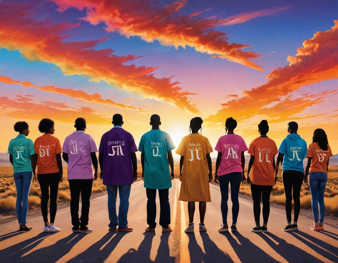 A diverse group of individuals standing confidently together, symbolizing unity and strength in the fight for bodily autonomy. They are surrounded by an abstract landscape that represents the journey towards equal rights, featuring roads, pathways, and obstacles. The sky is a blend of vibrant colors at sunset, signifying hope and change. Each person holds a sign with empowering messages about rights and freedom. super-realistic. vibrant colors. inspirational.
